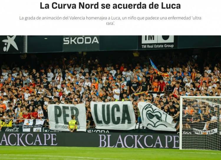 阿斯：瓦伦西亚小球迷卢卡患极罕见疾病，北看台拉横幅鼓励声援